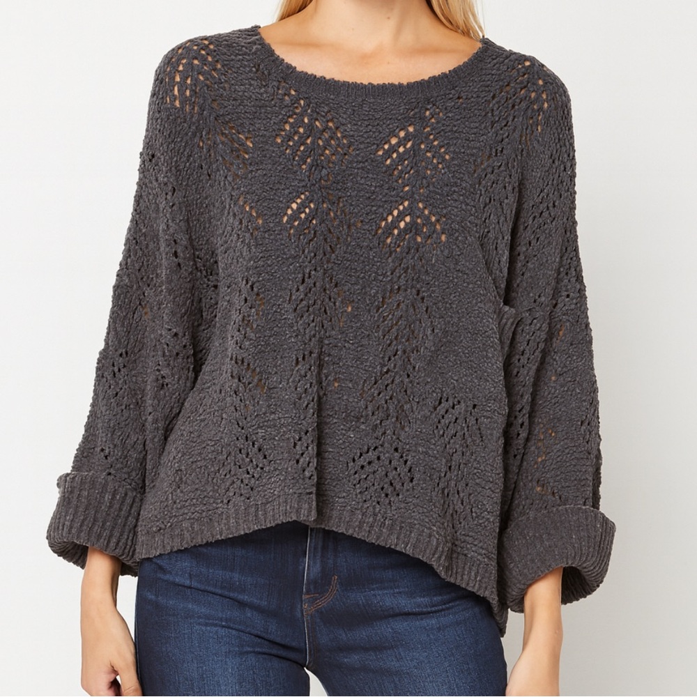 POL Charcoal Gray Open-Knit Scoop Neck Sweater EUC med